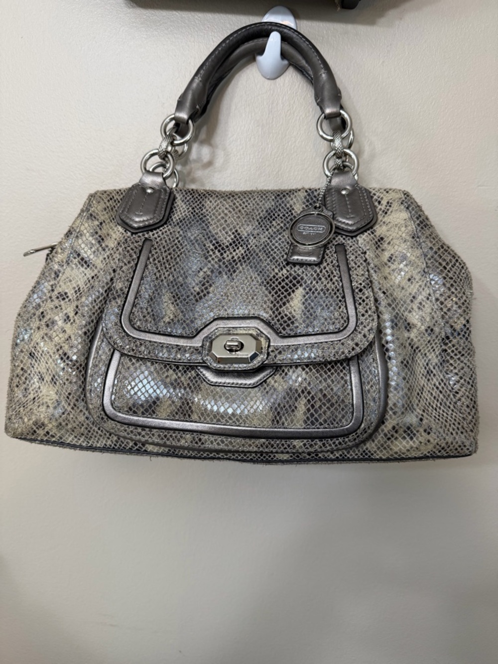 Coach Metallic Snakeskin Satchel In Silver And Cream#F26041